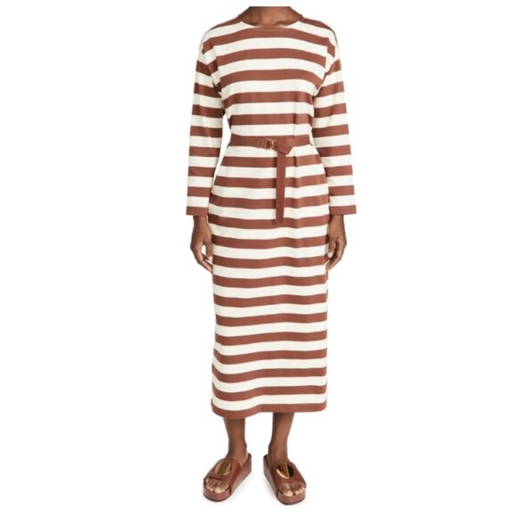 Tory Burch Jersey Striped Long Sleeve Midi Dress in Dark Auburn French Cream - Picture 4 of 11